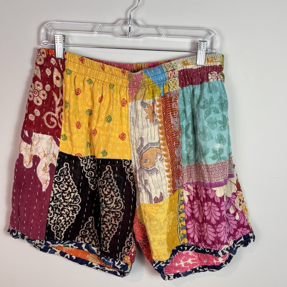 Sevya Women's Handmade Kantha Cotton Multicolor Pull On Shorts SZ L/XL Bohemian